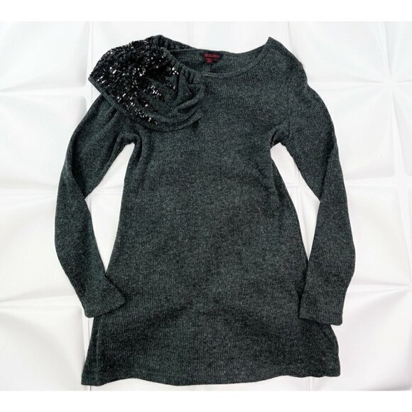 Simon Chang Womens Sz M Heathered Gray Black Sequin Ribbed Sweater Dress Shift - Picture 1 of 8